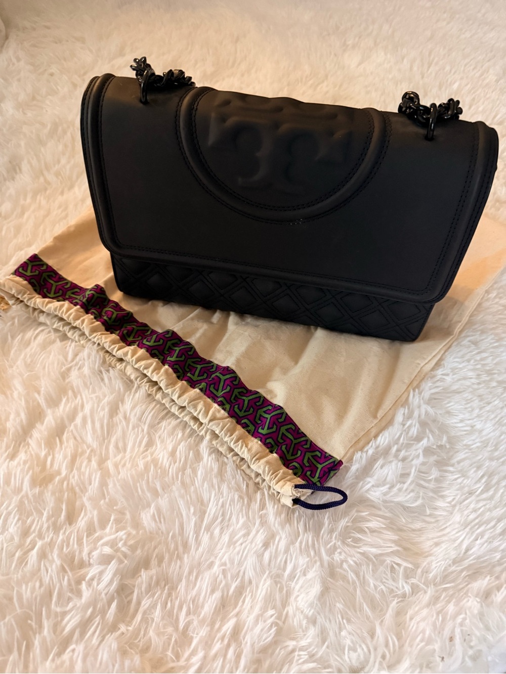 Tory Burch Fleming matte Black Quilted Chain Shoulder Bag